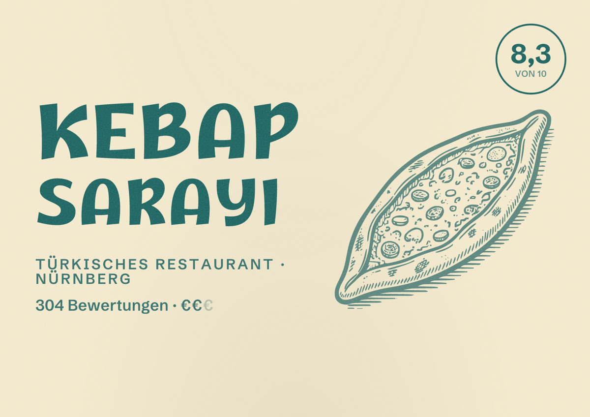 Illustriertes Poster von Kebap Sarayi, Türkisches Restaurant in Nürnberg: Bewertung 8,3 von 10 aus 304 Bewertungen, Preisniveau €€