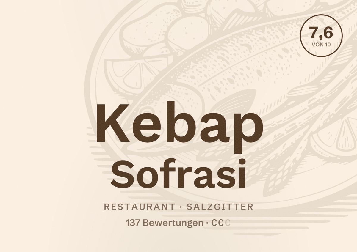 Illustriertes Poster von Kebap Sofrasi, Restaurant in Salzgitter: Bewertung 7,6 von 10 aus 137 Bewertungen, Preisniveau €€