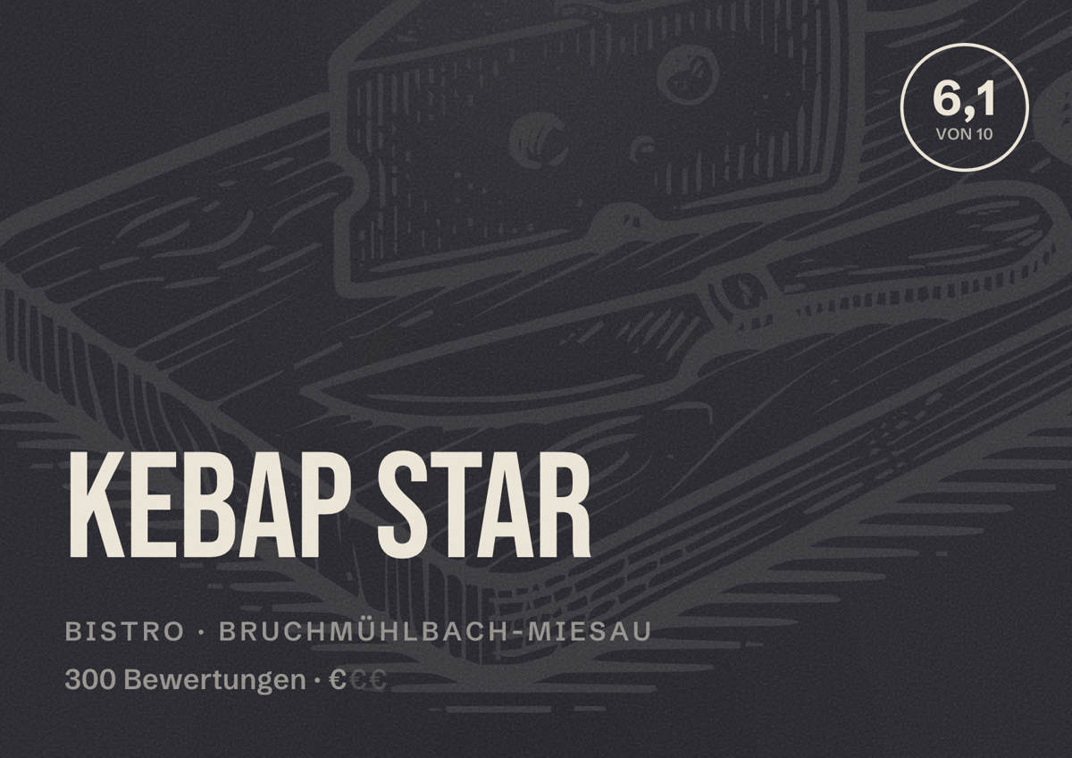 Illustriertes Poster von Kebap Star, Bistro in Bruchmühlbach-Miesau: Bewertung 6,1 von 10 aus 300 Bewertungen, Preisniveau €