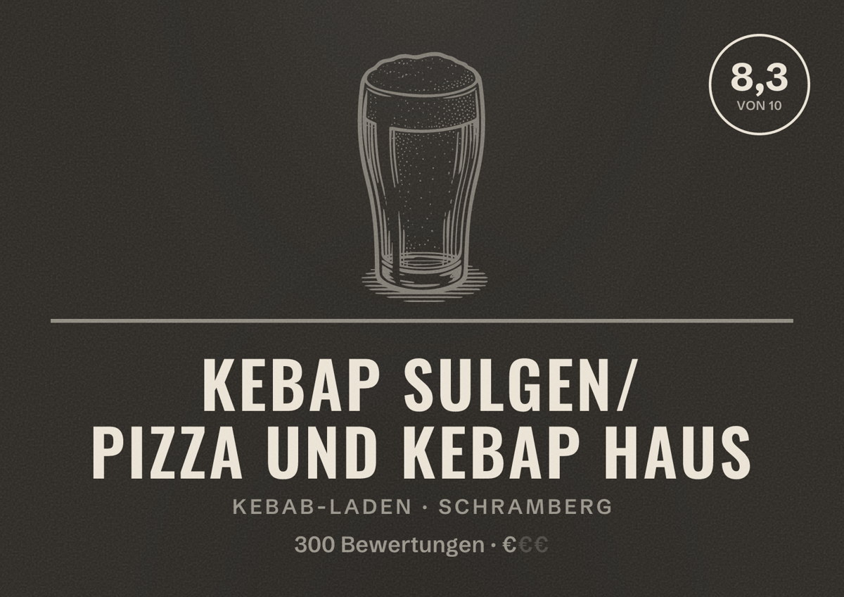 Illustriertes Poster von Kebap Sulgen/ Pizza und Kebap Haus, Kebab-Laden in Schramberg: Bewertung 8,3 von 10 aus 300 Bewertungen, Preisniveau €