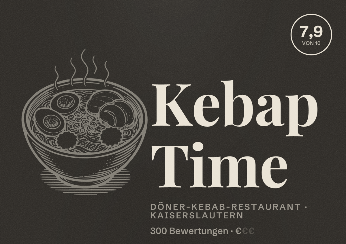 Illustriertes Poster von Kebap Time, Döner-Kebab-Restaurant in Kaiserslautern: Bewertung 7,9 von 10 aus 300 Bewertungen, Preisniveau €