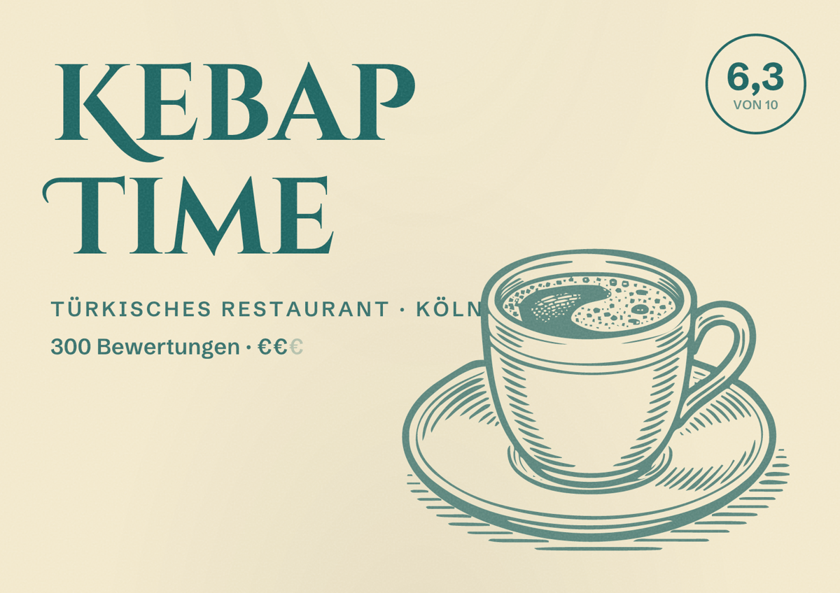 Illustriertes Poster von Kebap Time, Türkisches Restaurant in Köln: Bewertung 6,3 von 10 aus 300 Bewertungen, Preisniveau €€