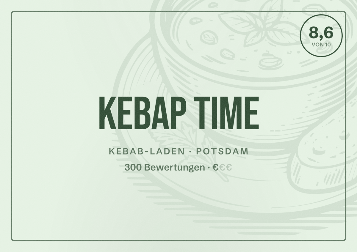 Illustriertes Poster von Kebap Time, Kebab-Laden in Potsdam: Bewertung 8,6 von 10 aus 300 Bewertungen, Preisniveau €