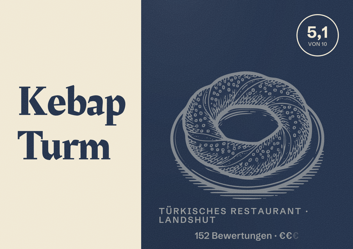 Illustriertes Poster von Kebap Turm, Türkisches Restaurant in Landshut: Bewertung 5,1 von 10 aus 152 Bewertungen, Preisniveau €€