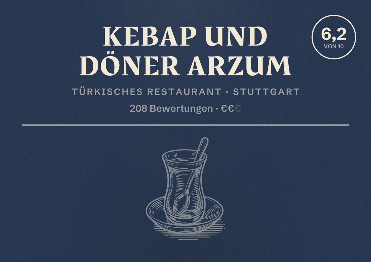Illustriertes Poster von Kebap und Döner Arzum, Türkisches Restaurant in Stuttgart: Bewertung 6,2 von 10 aus 208 Bewertungen, Preisniveau €€
