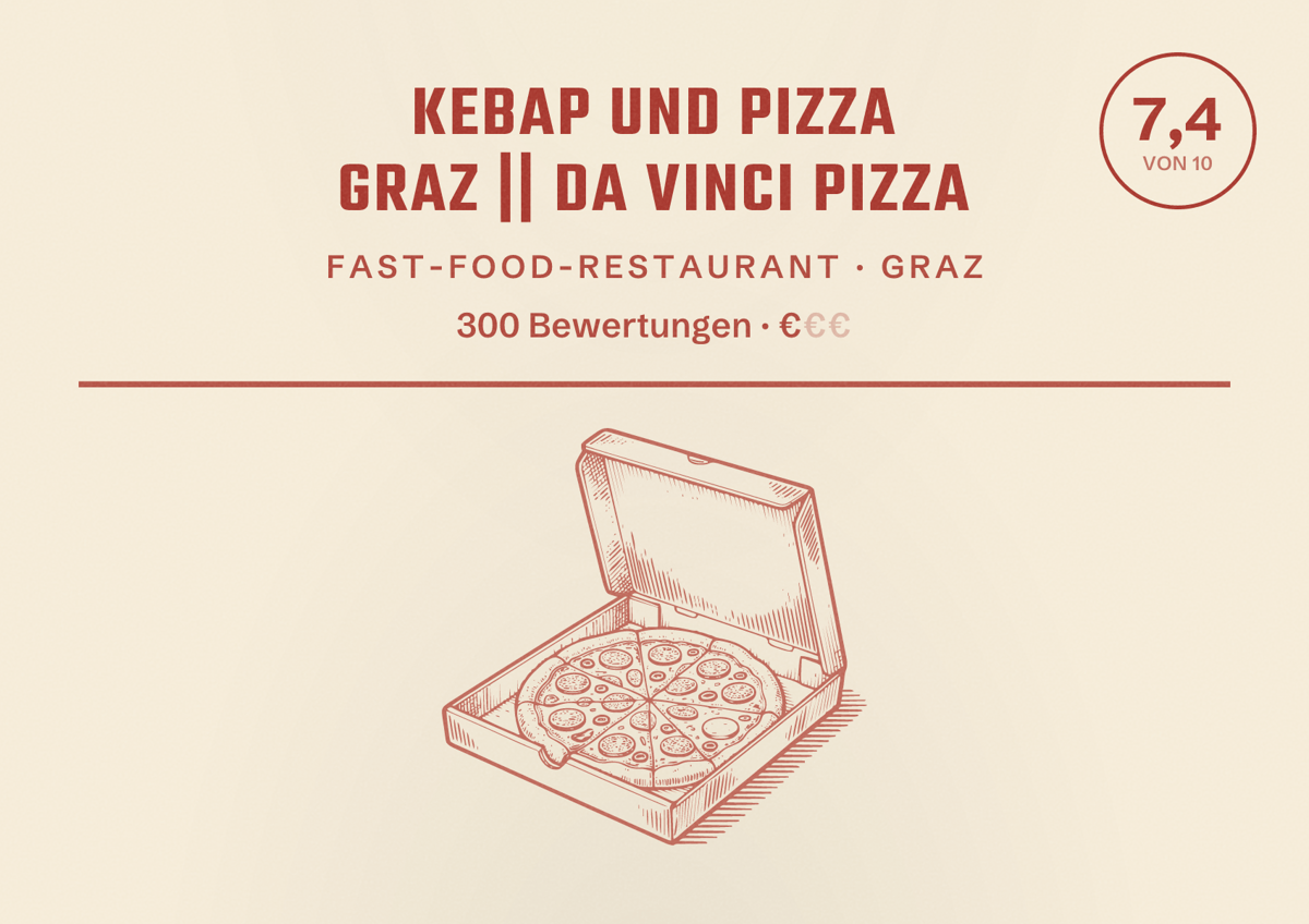 Illustriertes Poster von Kebap und Pizza Graz || Da Vinci Pizza, Fast-Food-Restaurant in Graz: Bewertung 7,4 von 10 aus 300 Bewertungen, Preisniveau €