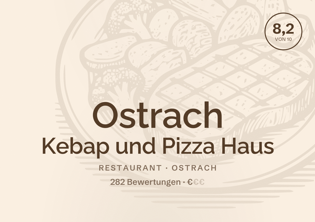 Illustriertes Poster von Ostrach Kebap und Pizza Haus, Restaurant in Ostrach: Bewertung 8,2 von 10 aus 282 Bewertungen, Preisniveau €