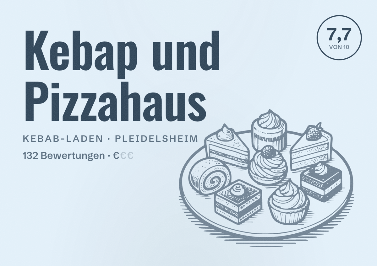 Illustriertes Poster von Kebap und Pizzahaus, Kebab-Laden in Pleidelsheim: Bewertung 7,7 von 10 aus 132 Bewertungen, Preisniveau €