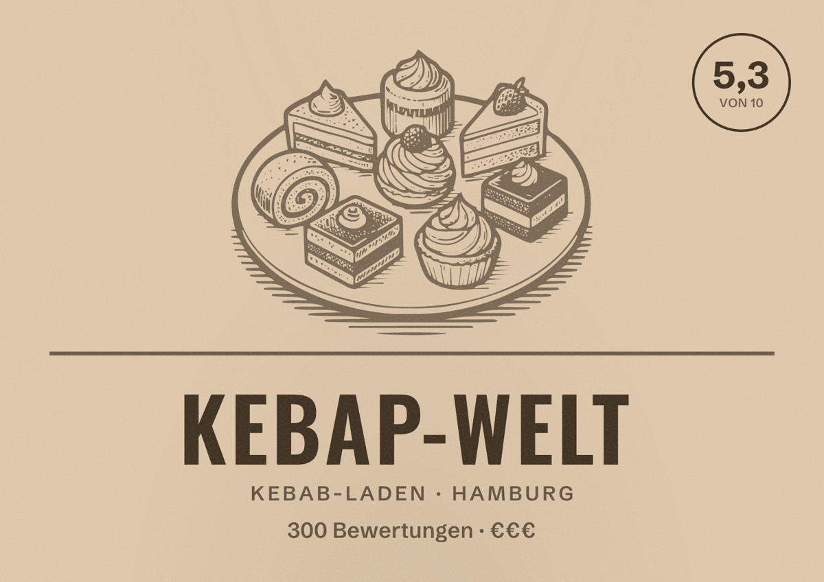 Illustriertes Poster von Kebap-Welt, Kebab-Laden in Hamburg: Bewertung 5,3 von 10 aus 300 Bewertungen, Preisniveau €€€