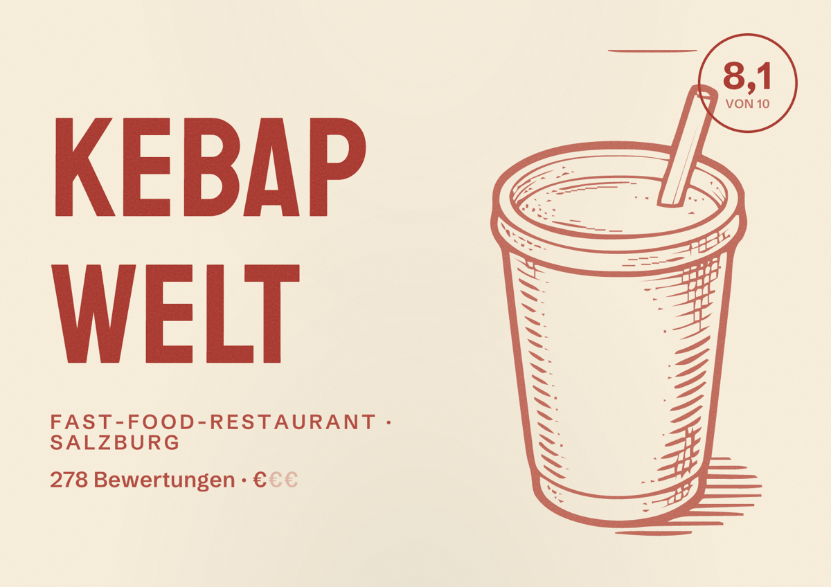 Illustriertes Poster von Kebap Welt, Fast-Food-Restaurant in Salzburg: Bewertung 8,1 von 10 aus 278 Bewertungen, Preisniveau €