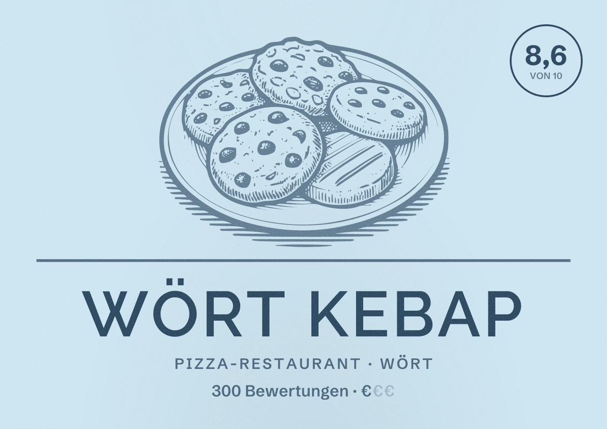 Illustriertes Poster von Wört Kebap, Pizza-Restaurant in Wört: Bewertung 8,6 von 10 aus 300 Bewertungen, Preisniveau €