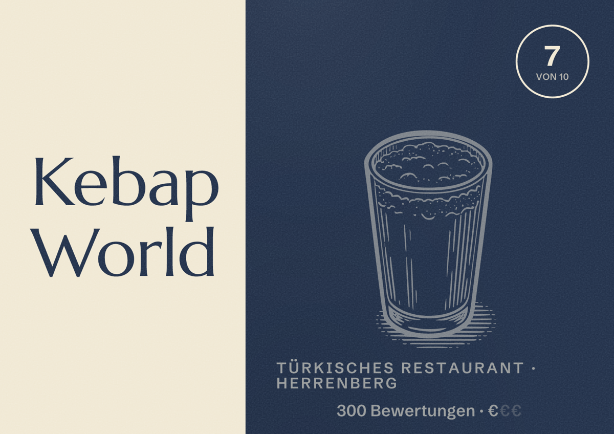 Illustriertes Poster von Kebap World, Türkisches Restaurant in Herrenberg: Bewertung 7 von 10 aus 300 Bewertungen, Preisniveau €
