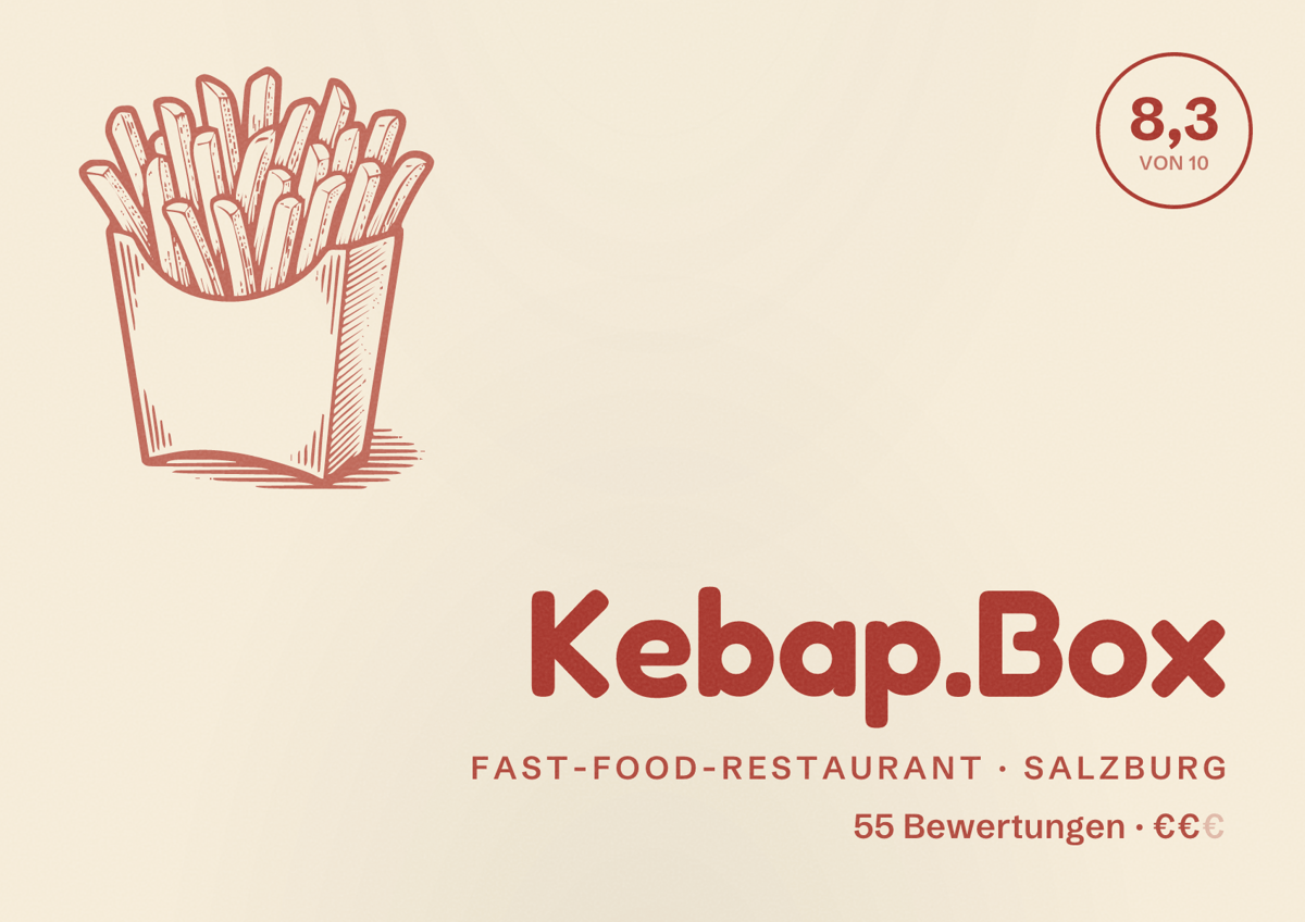 Illustriertes Poster von Kebap.Box, Fast-Food-Restaurant in Salzburg: Bewertung 8,3 von 10 aus 55 Bewertungen, Preisniveau €€