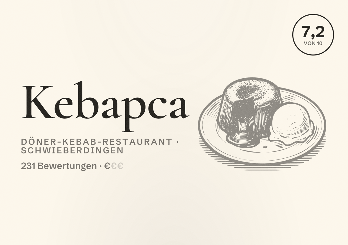 Illustriertes Poster von Kebapca, Döner-Kebab-Restaurant in Schwieberdingen: Bewertung 7,2 von 10 aus 231 Bewertungen, Preisniveau €
