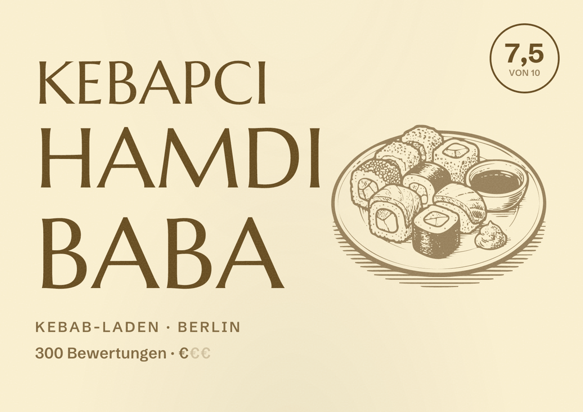 Illustriertes Poster von Kebapci Hamdi Baba, Kebab-Laden in Berlin: Bewertung 7,5 von 10 aus 300 Bewertungen, Preisniveau €