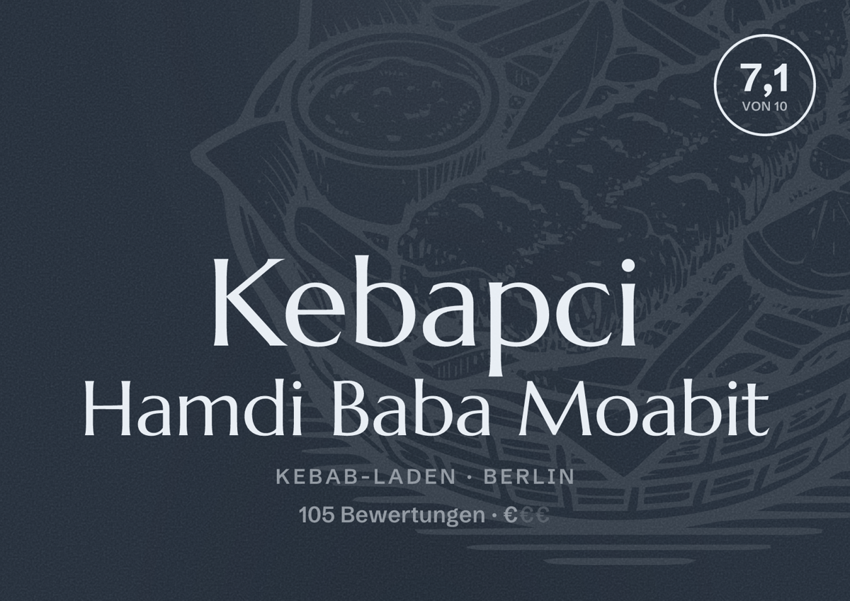 Illustriertes Poster von Kebapci Hamdi Baba Moabit, Kebab-Laden in Berlin: Bewertung 7,1 von 10 aus 105 Bewertungen, Preisniveau €