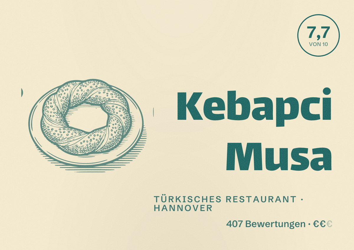 Illustriertes Poster von Kebapci Musa, Türkisches Restaurant in Hannover: Bewertung 7,7 von 10 aus 407 Bewertungen, Preisniveau €€