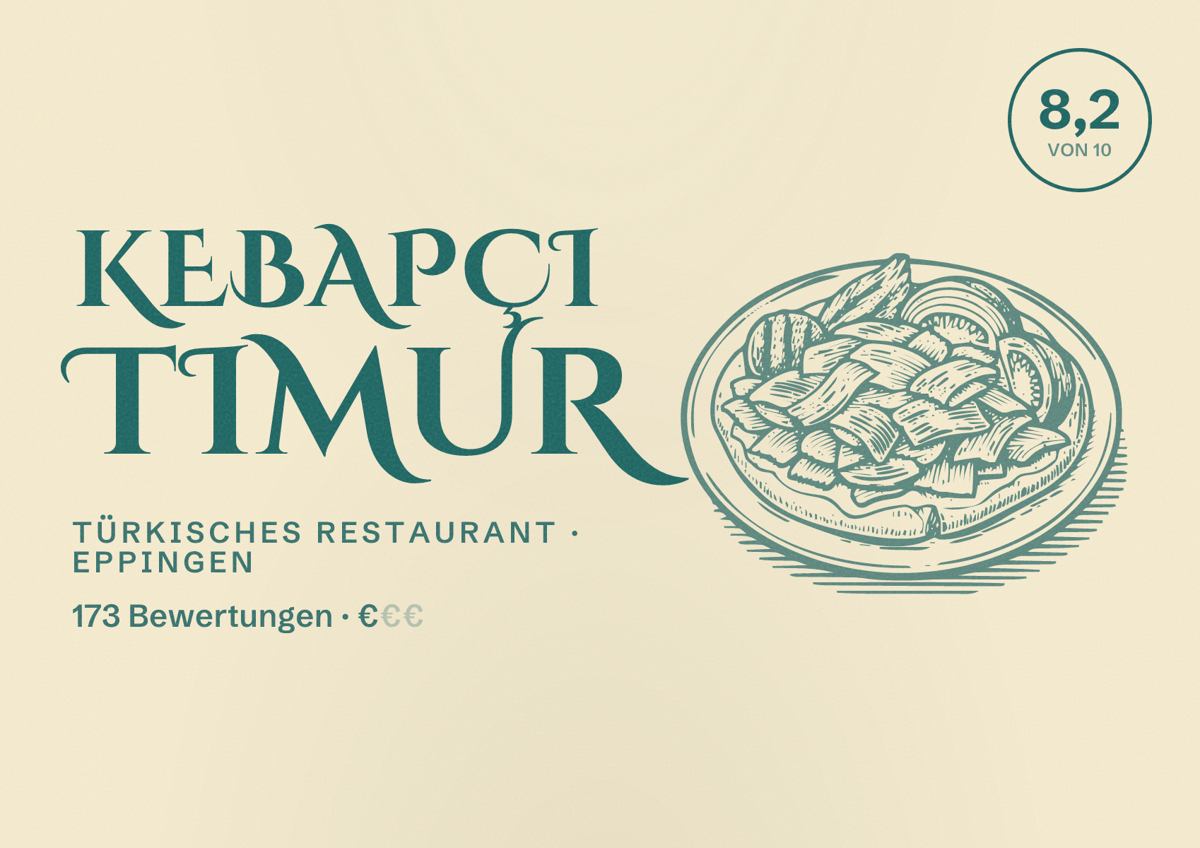 Illustriertes Poster von Kebapçı Timur, Türkisches Restaurant in Eppingen: Bewertung 8,2 von 10 aus 173 Bewertungen, Preisniveau €