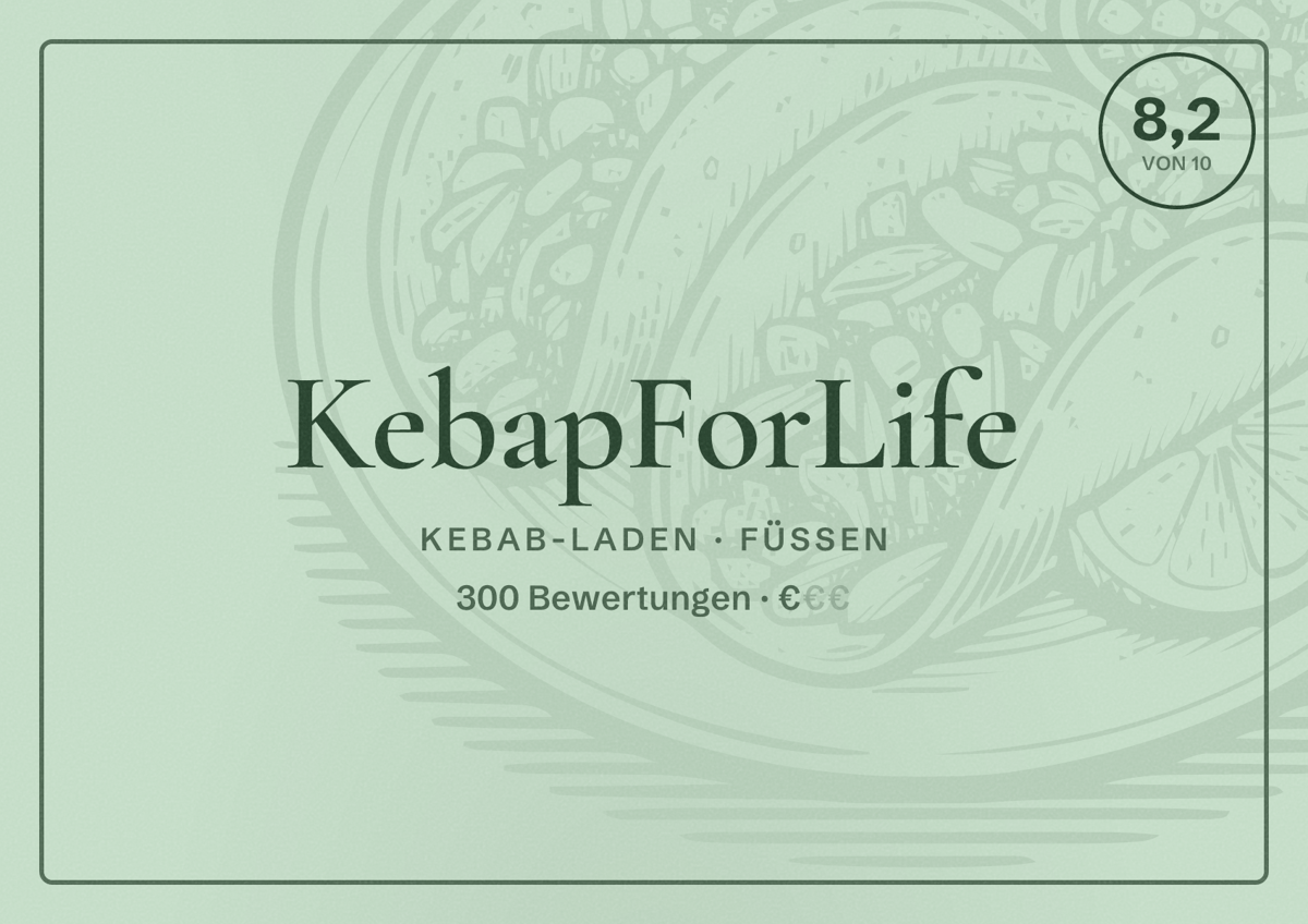 Illustriertes Poster von KebapForLife, Kebab-Laden in Füssen: Bewertung 8,2 von 10 aus 300 Bewertungen, Preisniveau €