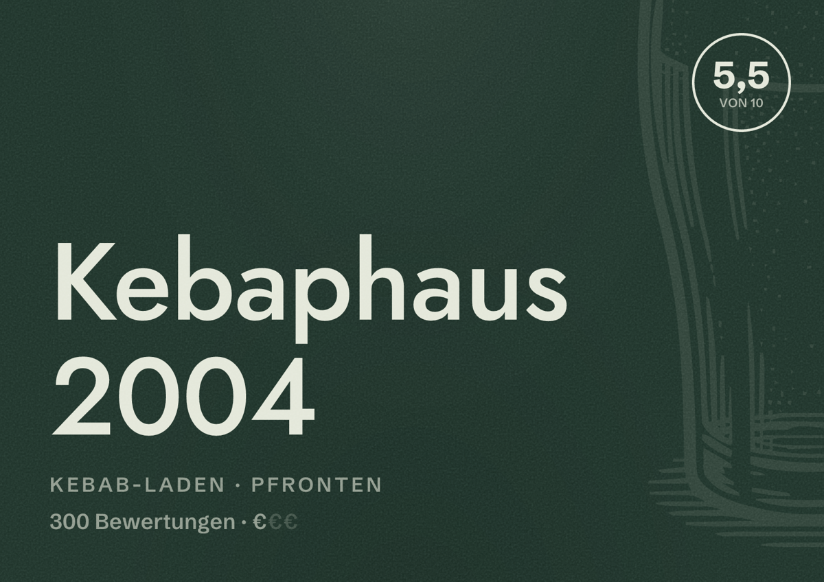 Illustriertes Poster von Kebaphaus 2004, Kebab-Laden in Pfronten: Bewertung 5,5 von 10 aus 300 Bewertungen, Preisniveau €