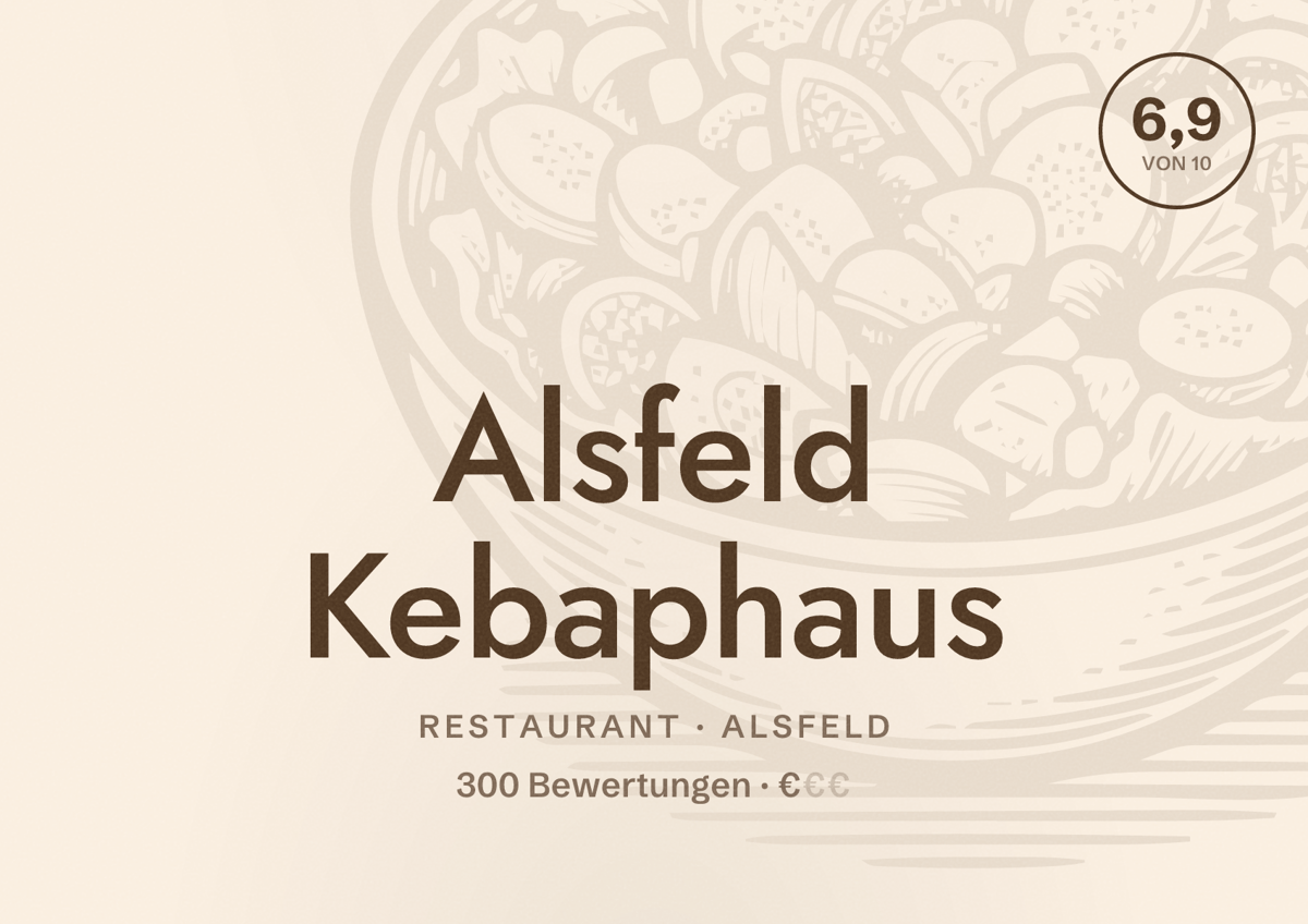 Illustriertes Poster von Alsfeld Kebaphaus, Restaurant in Alsfeld: Bewertung 6,9 von 10 aus 300 Bewertungen, Preisniveau €