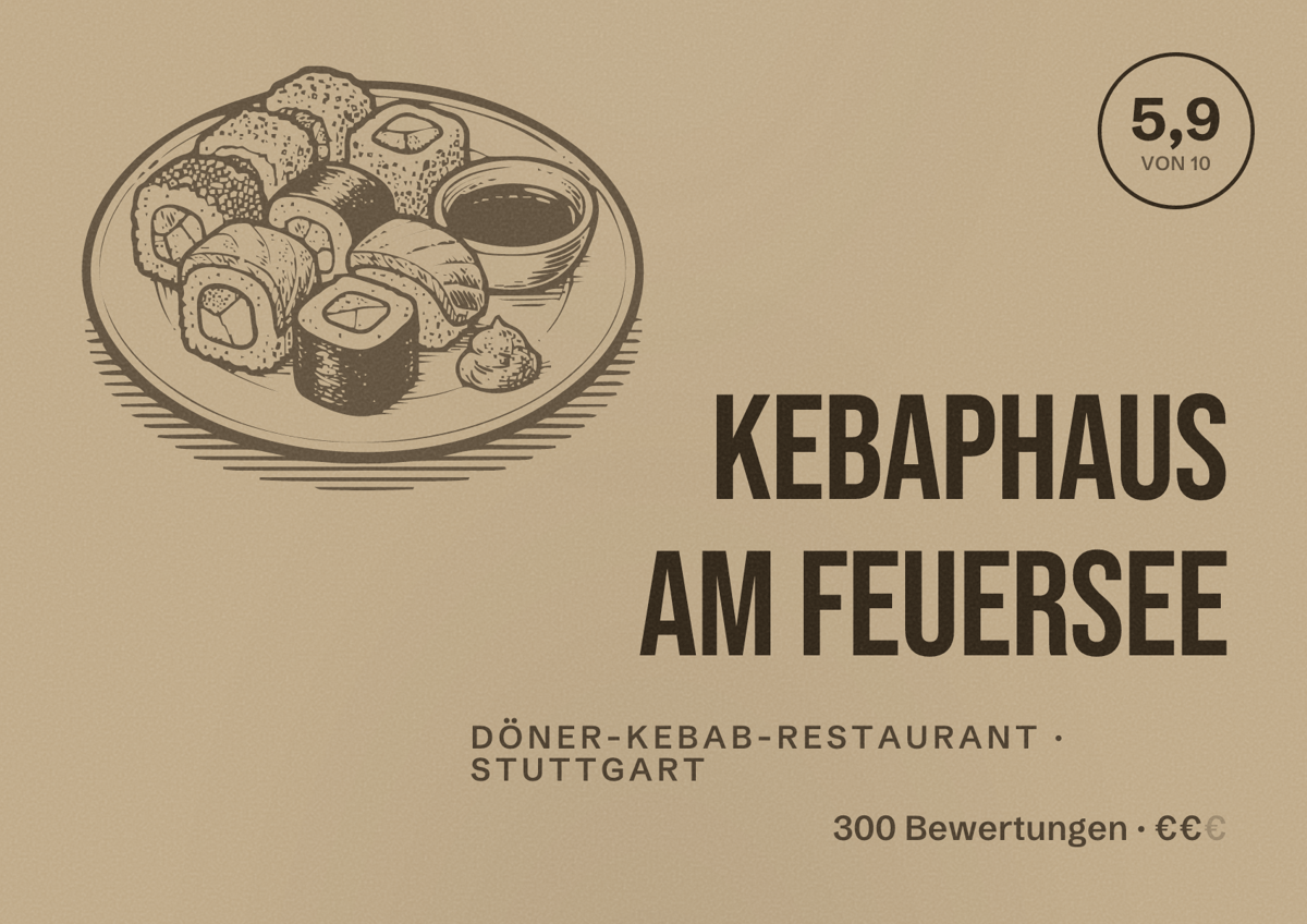 Illustriertes Poster von Kebaphaus am Feuersee, Döner-Kebab-Restaurant in Stuttgart: Bewertung 5,9 von 10 aus 300 Bewertungen, Preisniveau €€