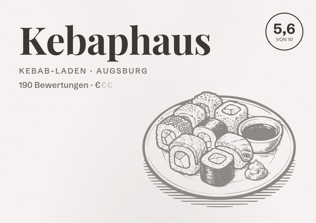 Illustriertes Poster von Kebaphaus, Kebab-Laden in Augsburg: Bewertung 5,6 von 10 aus 190 Bewertungen, Preisniveau €