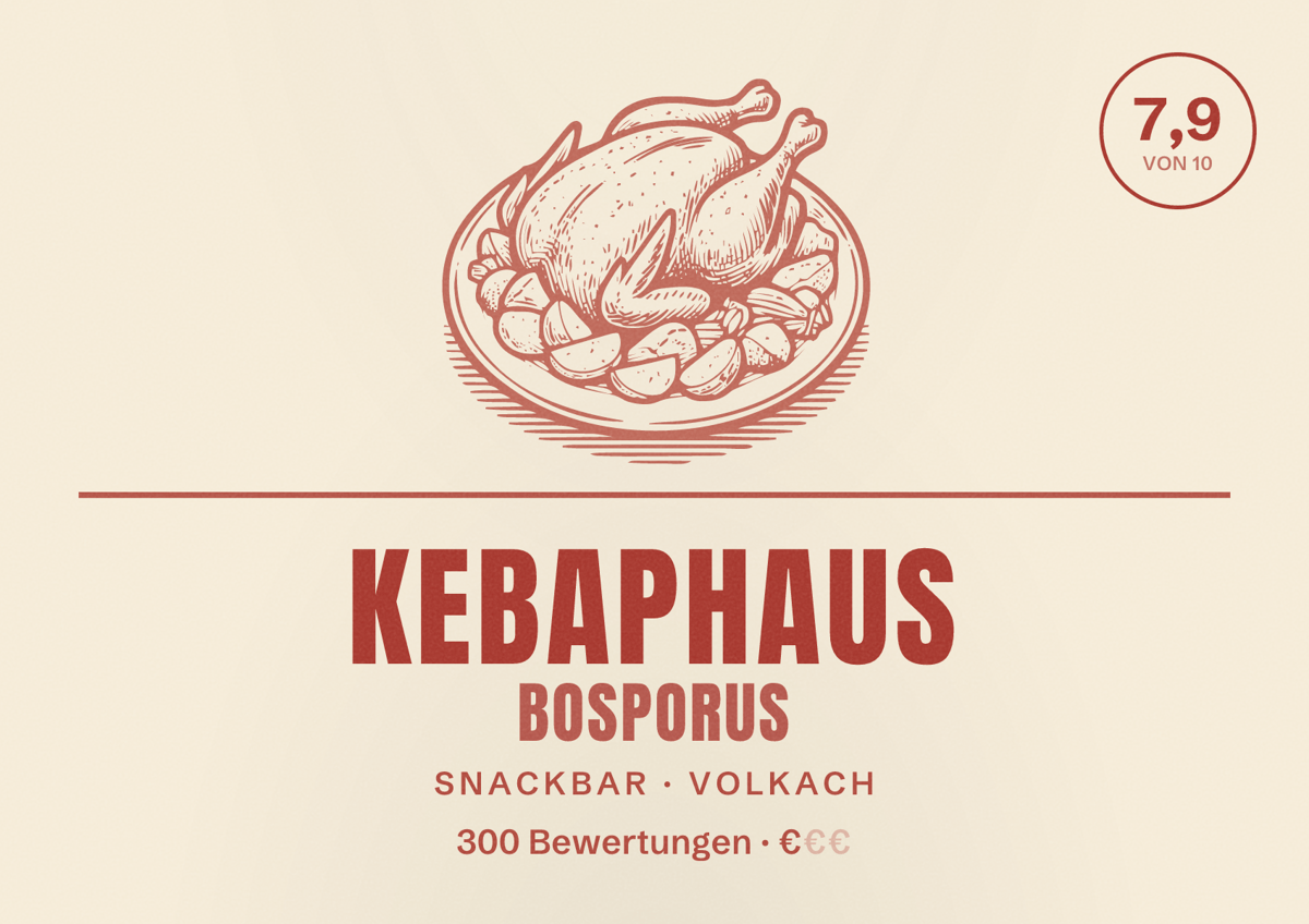 Illustriertes Poster von Kebaphaus Bosporus, Snackbar in Volkach: Bewertung 7,9 von 10 aus 300 Bewertungen, Preisniveau €