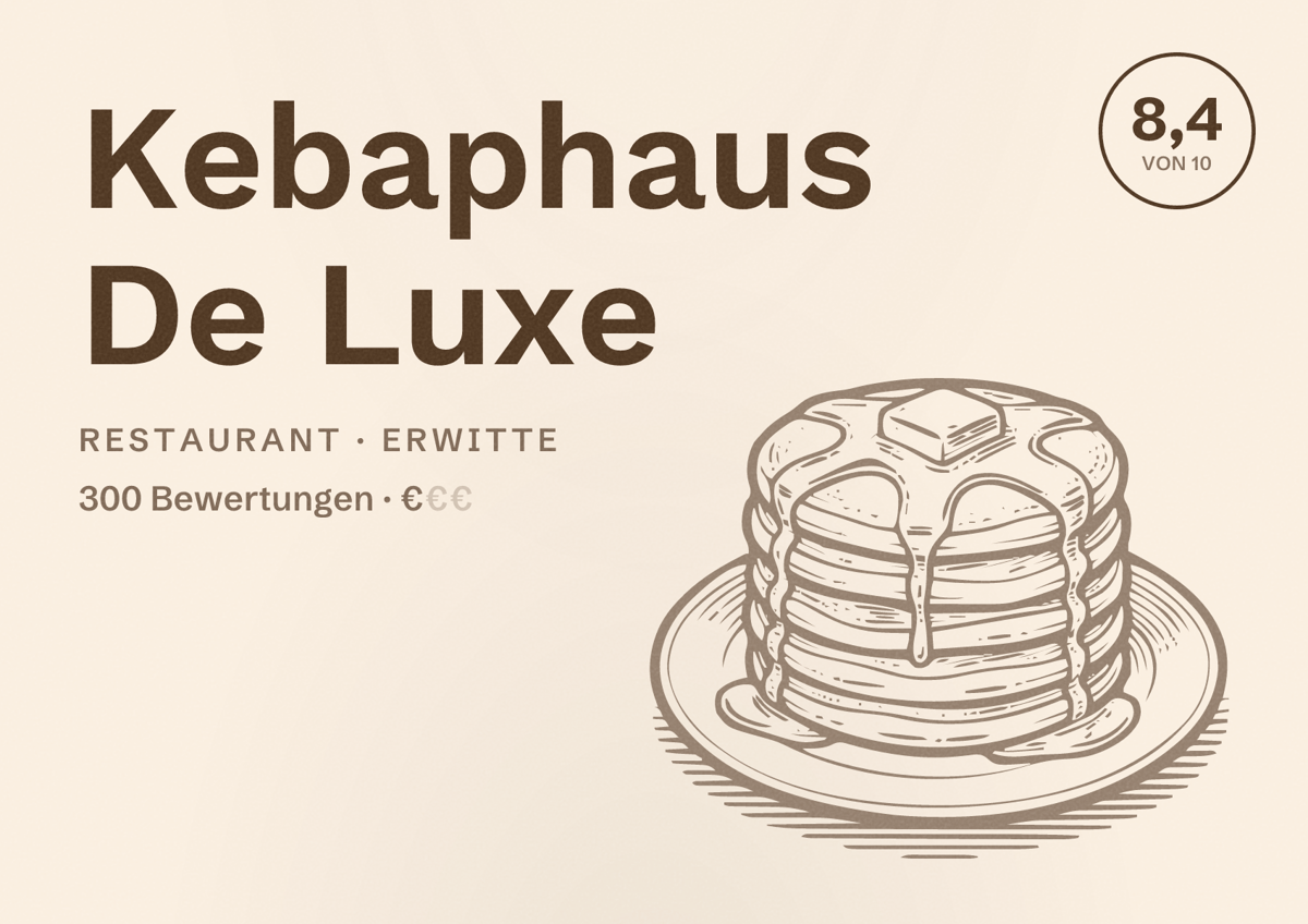Illustriertes Poster von Kebaphaus De Luxe, Restaurant in Erwitte: Bewertung 8,4 von 10 aus 300 Bewertungen, Preisniveau €