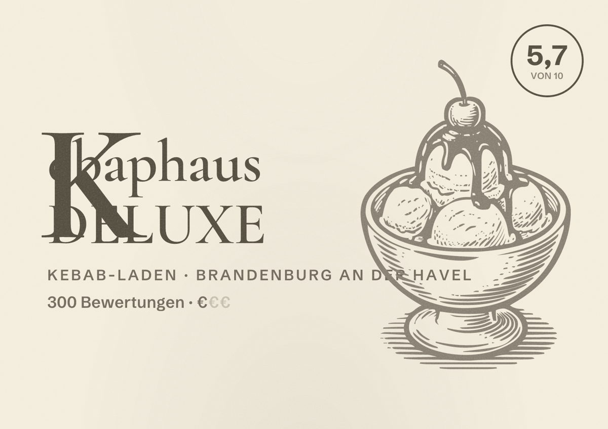 Illustriertes Poster von Kebaphaus DELUXE, Kebab-Laden in Brandenburg an der Havel: Bewertung 5,7 von 10 aus 300 Bewertungen, Preisniveau €