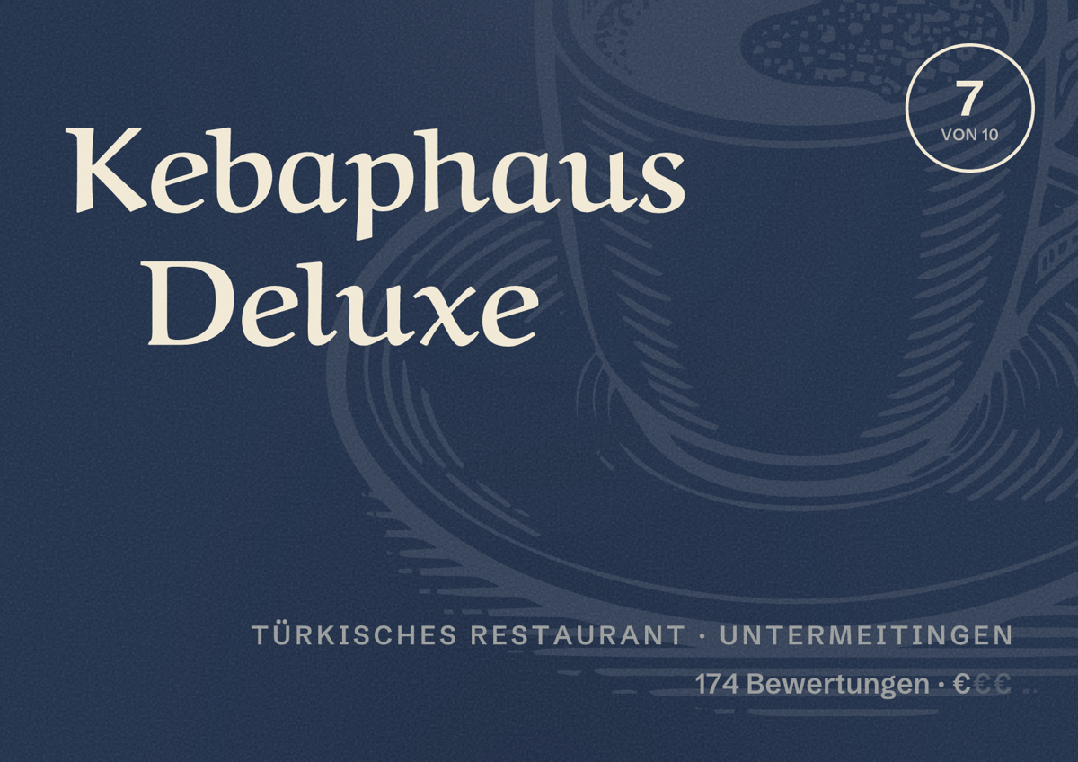 Illustriertes Poster von Kebaphaus Deluxe, Türkisches Restaurant in Untermeitingen: Bewertung 7 von 10 aus 174 Bewertungen, Preisniveau €