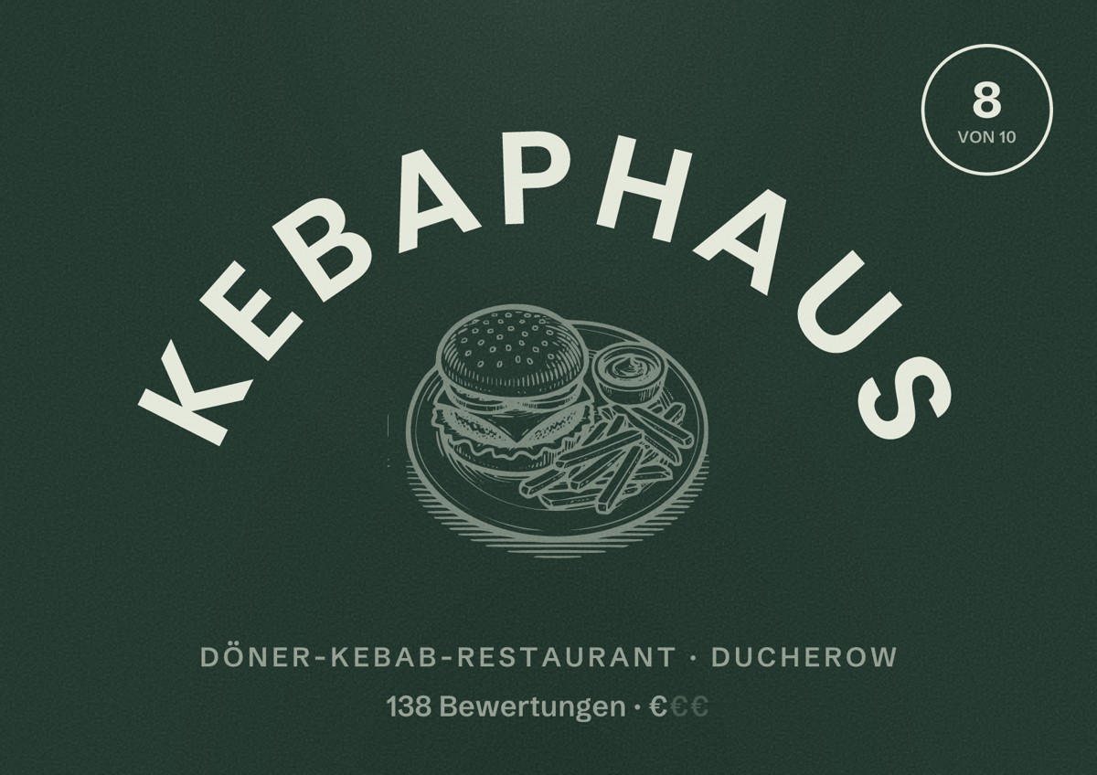 Illustriertes Poster von Kebaphaus, Döner-Kebab-Restaurant in Ducherow: Bewertung 8 von 10 aus 138 Bewertungen, Preisniveau €