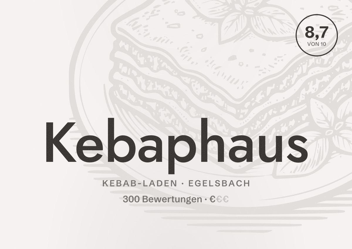 Illustriertes Poster von Kebaphaus, Kebab-Laden in Egelsbach: Bewertung 8,7 von 10 aus 300 Bewertungen, Preisniveau €