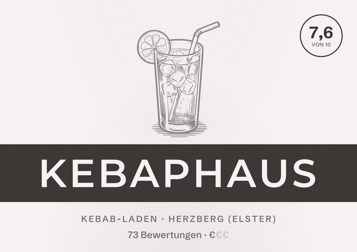 Illustriertes Poster von Kebaphaus, Kebab-Laden in Herzberg (Elster): Bewertung 7,6 von 10 aus 73 Bewertungen, Preisniveau €