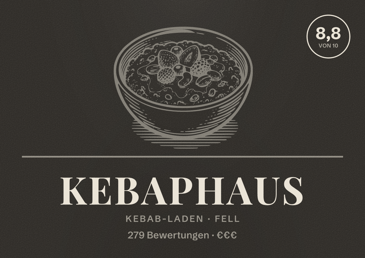 Illustriertes Poster von Kebaphaus, Kebab-Laden in Fell: Bewertung 8,8 von 10 aus 279 Bewertungen, Preisniveau €€€