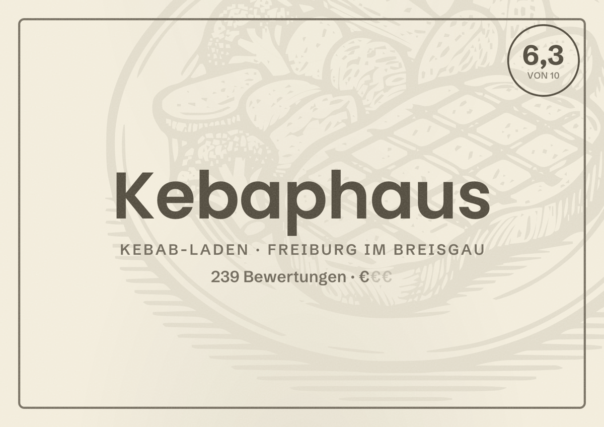 Illustriertes Poster von Kebaphaus, Kebab-Laden in Freiburg im Breisgau: Bewertung 6,3 von 10 aus 239 Bewertungen, Preisniveau €