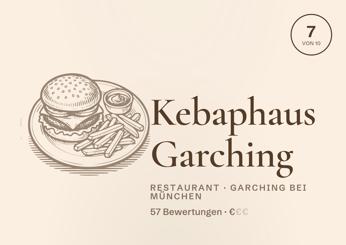 Illustriertes Poster von Kebaphaus Garching, Restaurant in Garching bei München: Bewertung 7 von 10 aus 57 Bewertungen, Preisniveau €