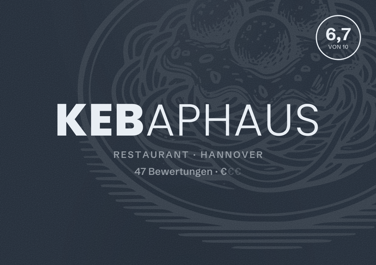 Illustriertes Poster von Kebaphaus, Restaurant in Hannover: Bewertung 6,7 von 10 aus 47 Bewertungen, Preisniveau €