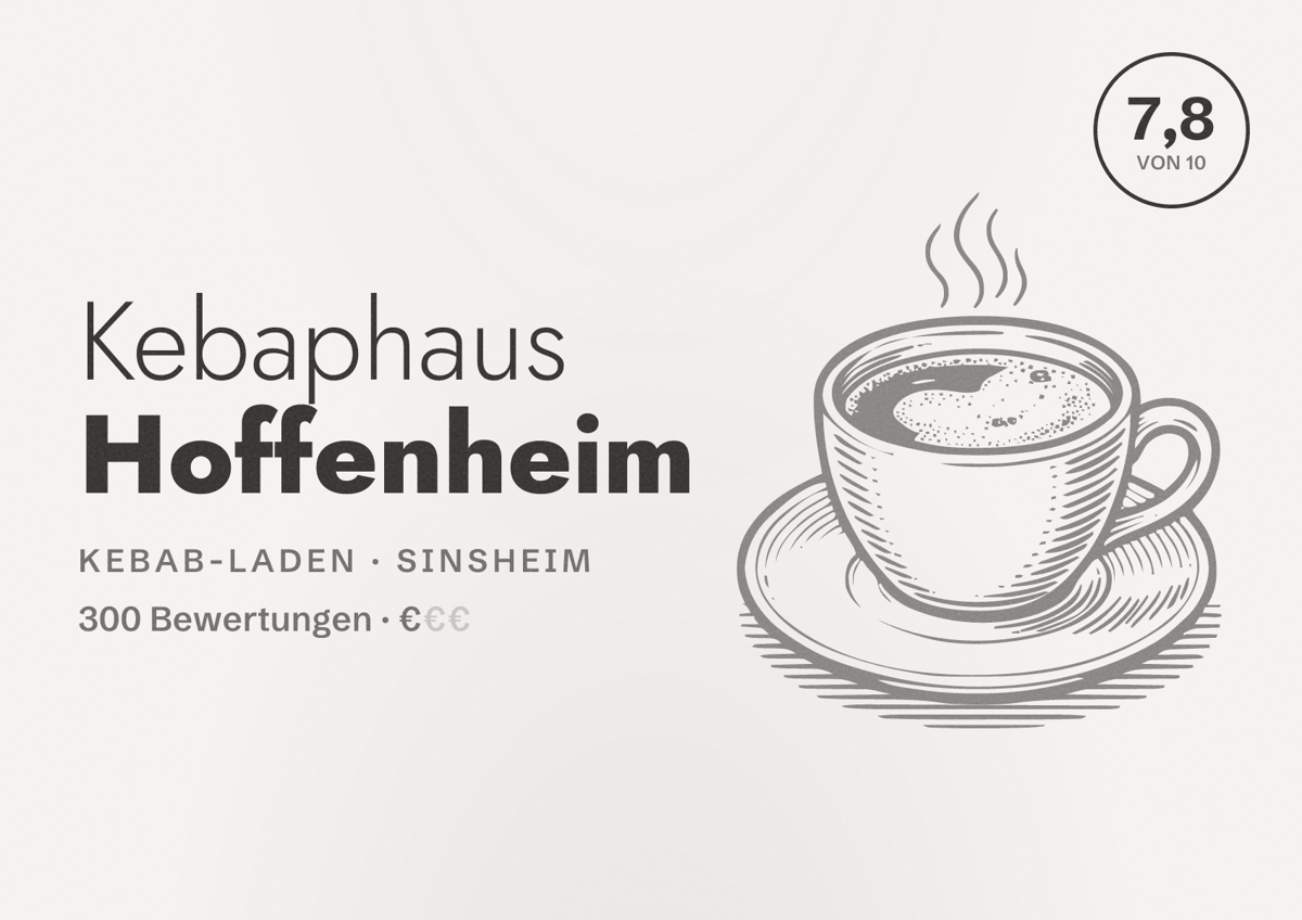 Illustriertes Poster von Kebaphaus Hoffenheim, Kebab-Laden in Sinsheim: Bewertung 7,8 von 10 aus 300 Bewertungen, Preisniveau €