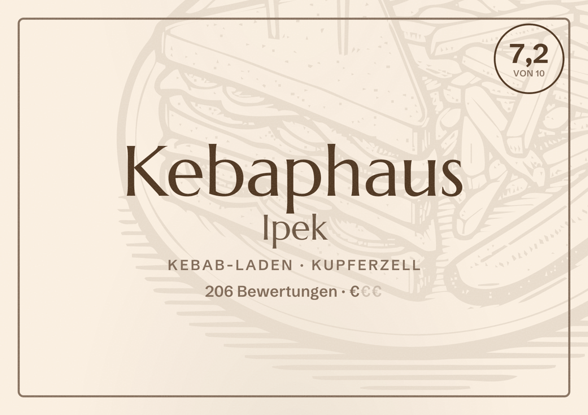 Illustriertes Poster von Kebaphaus Ipek, Kebab-Laden in Kupferzell: Bewertung 7,2 von 10 aus 206 Bewertungen, Preisniveau €