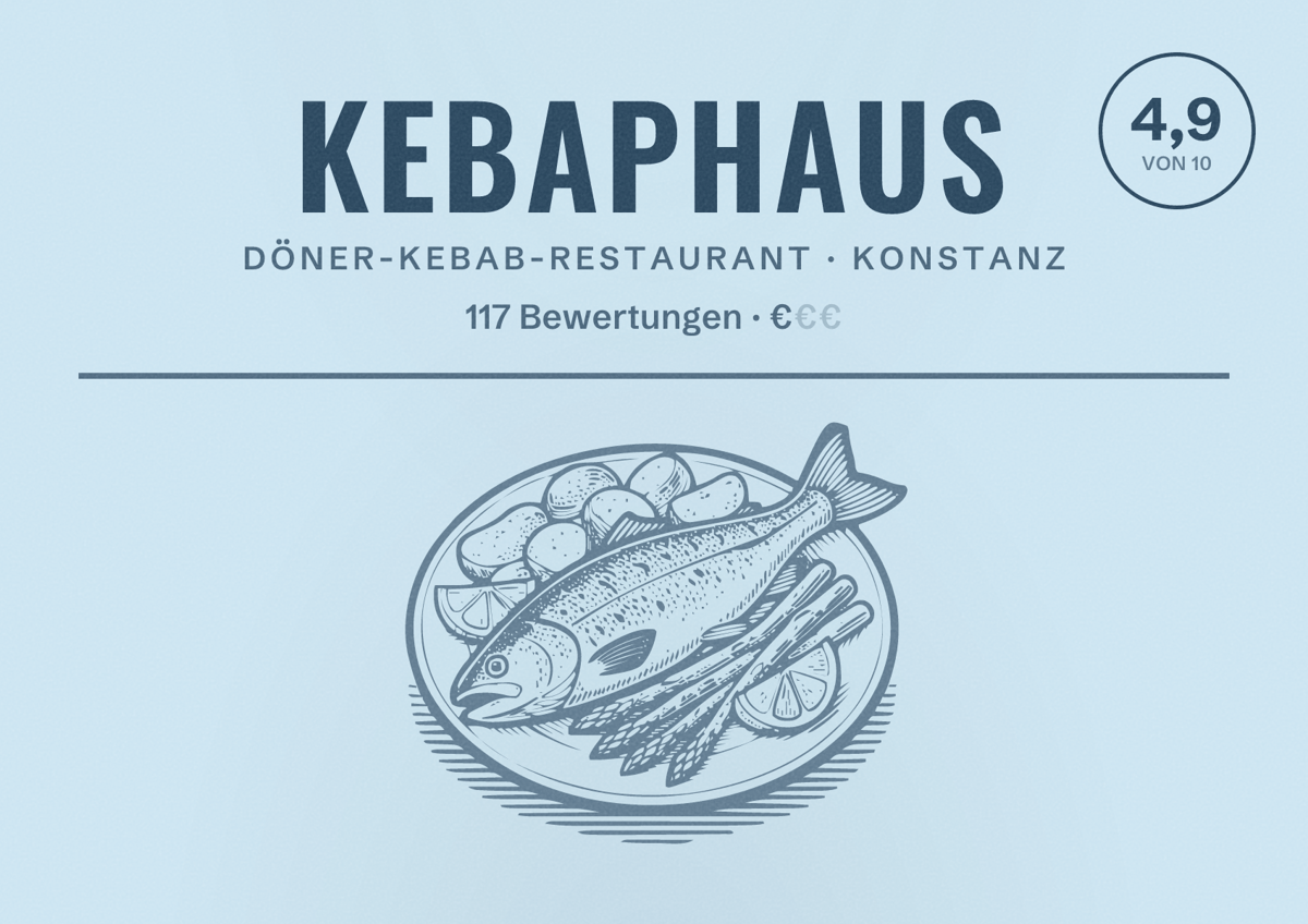 Illustriertes Poster von Kebaphaus, Döner-Kebab-Restaurant in Konstanz: Bewertung 4,9 von 10 aus 117 Bewertungen, Preisniveau €