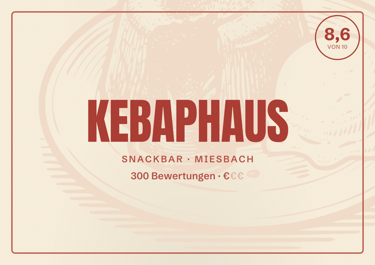 Illustriertes Poster von KEBAPHAUS, Snackbar in Miesbach: Bewertung 8,6 von 10 aus 300 Bewertungen, Preisniveau €
