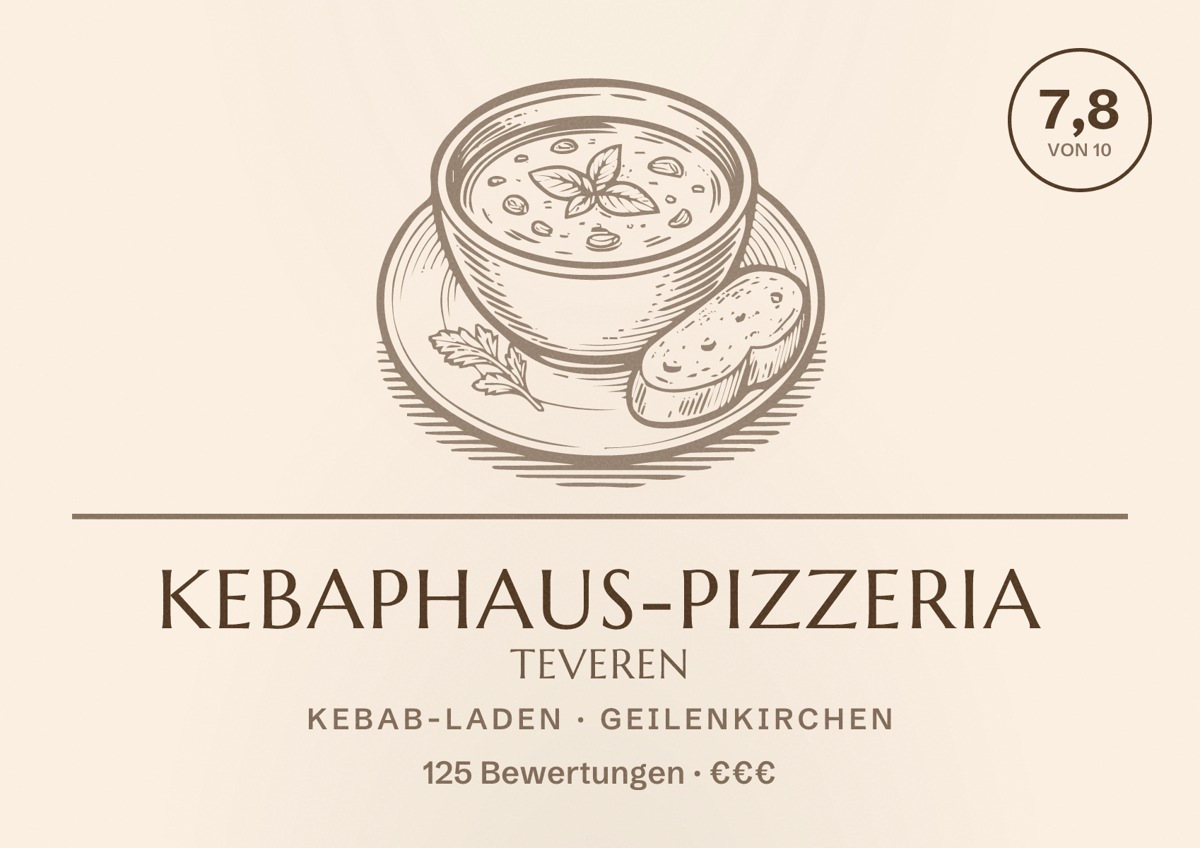 Illustriertes Poster von Kebaphaus-Pizzeria Teveren, Kebab-Laden in Geilenkirchen: Bewertung 7,8 von 10 aus 125 Bewertungen, Preisniveau €€€