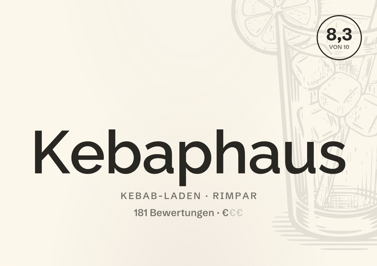 Illustriertes Poster von Kebaphaus, Kebab-Laden in Rimpar: Bewertung 8,3 von 10 aus 181 Bewertungen, Preisniveau €