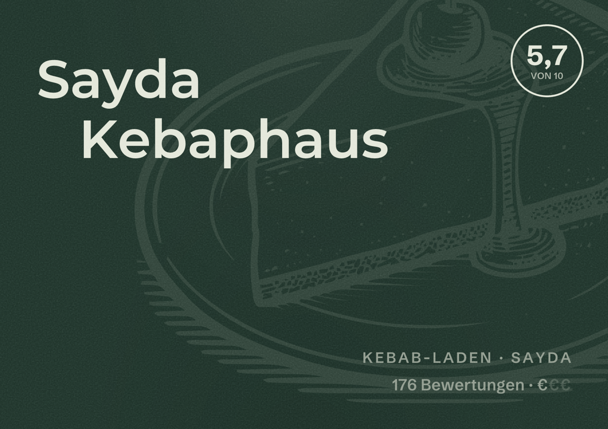 Illustriertes Poster von Sayda Kebaphaus, Kebab-Laden in Sayda: Bewertung 5,7 von 10 aus 176 Bewertungen, Preisniveau €