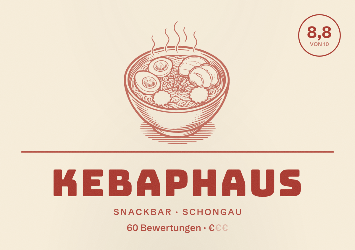 Illustriertes Poster von KEBAPHAUS, Snackbar in Schongau: Bewertung 8,8 von 10 aus 60 Bewertungen, Preisniveau €