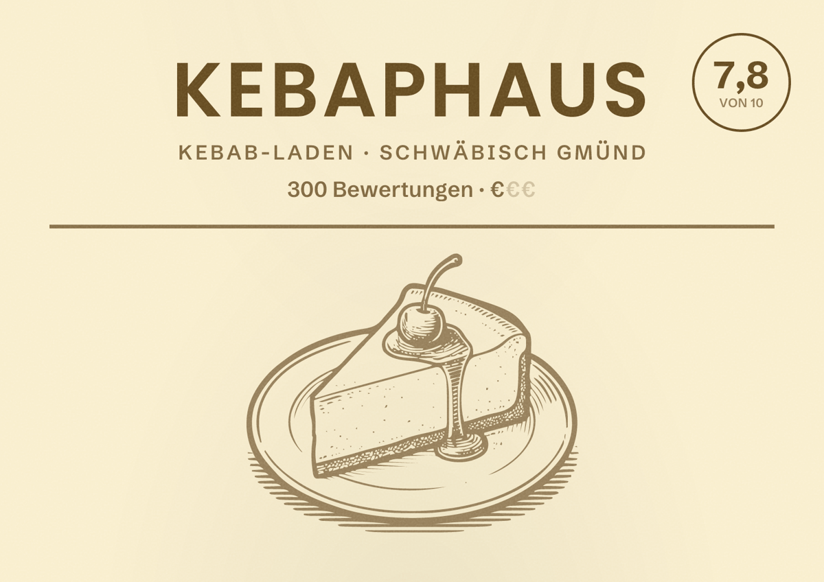 Illustriertes Poster von Kebaphaus, Kebab-Laden in Schwäbisch Gmünd: Bewertung 7,8 von 10 aus 300 Bewertungen, Preisniveau €