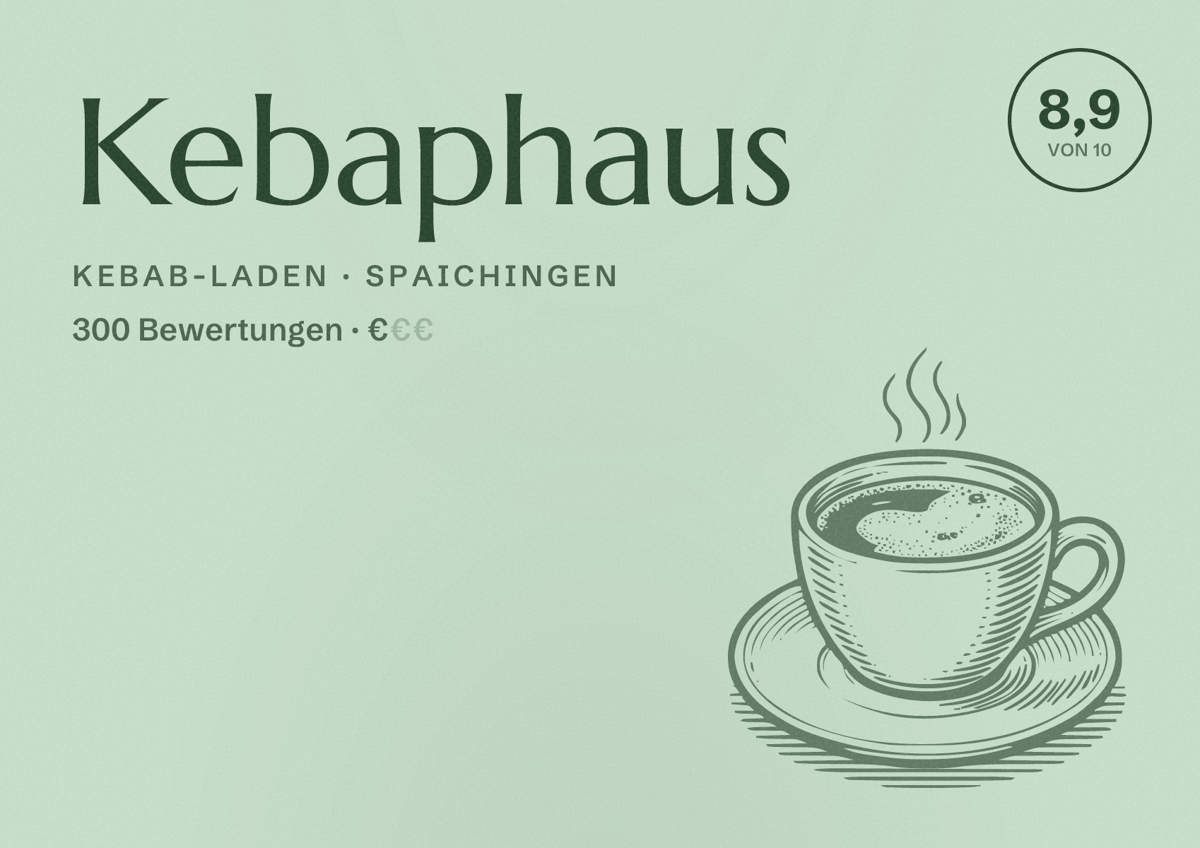 Illustriertes Poster von Kebaphaus, Kebab-Laden in Spaichingen: Bewertung 8,9 von 10 aus 300 Bewertungen, Preisniveau €