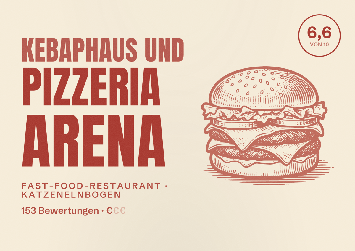 Illustriertes Poster von Kebaphaus und Pizzeria Arena, Fast-Food-Restaurant in Katzenelnbogen: Bewertung 6,6 von 10 aus 153 Bewertungen, Preisniveau €