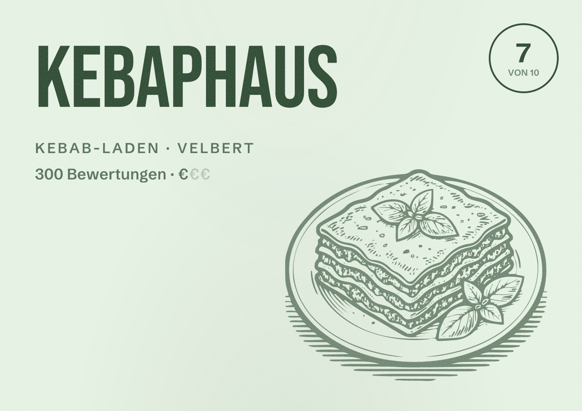 Illustriertes Poster von KEBAPHAUS, Kebab-Laden in Velbert: Bewertung 7 von 10 aus 300 Bewertungen, Preisniveau €